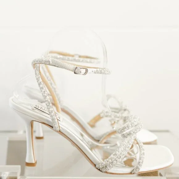 Badgley Mischka Effie White Satin Heels 8.5 Bow Women's Ankle Strap Sandal - Picture 11 of 16
